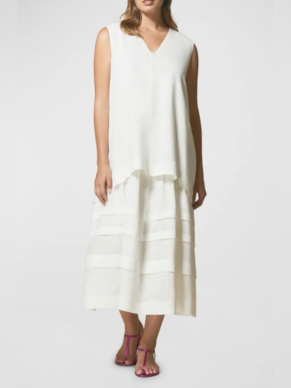 Marina Rinaldi Distanza White Tiered Sleeveless Midi Dress 💯% Linen- NWT -18